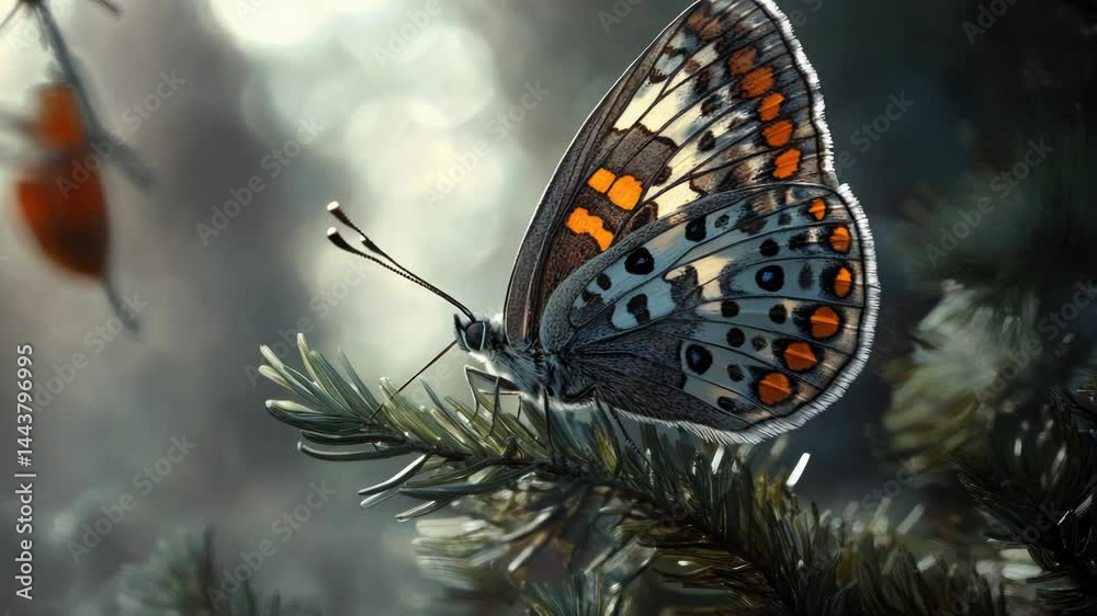 Poster A close-up view of a colorful butterfly perched on a tree branch, with intricate details and textures
