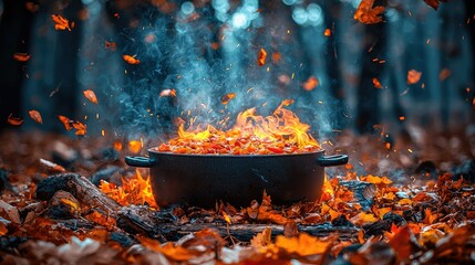 Autumnal outdoor cooking.  A large black pot, filled with food, is placed over a campfire surrounded by falling leaves. Smoke and flames rise from the pot