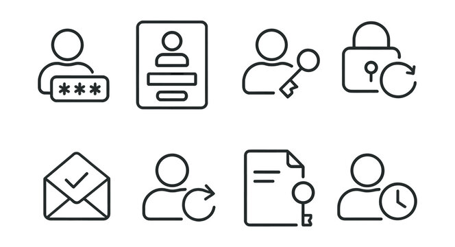 Line vector icons of user authentication flows: login icon, signup screen, forgot password, password reset, email verification, auth redirect, token storage, session icon.
