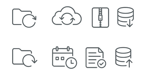 Line vector icons of website backup: backup icon, cloud sync, file archive, database dump, restore icon, backup schedule, backup log, data version.