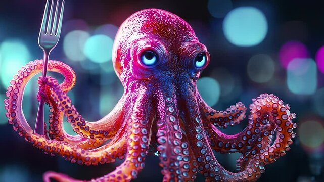 A colorful octopus with large eyes holds a metallic fork in one of its tentacles. The backdrop features blurred circles of light in various shades of blue and purple.
