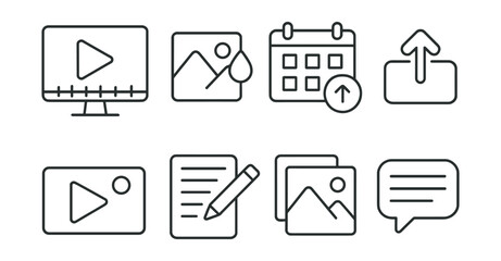 Line vector icons of content creation: video editor, photo tool, content calendar, publish button, thumbnail preview, post draft, media library, caption icon.