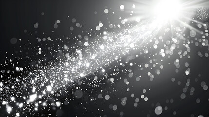 Imaginative abstract monochrome background featuring a bright light source emitting a stream of sparkling white particles or glitter against a dark backdrop. Magic concept.
