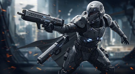Naklejka premium Futuristic Soldier Aiming Guns in Dystopian Cityscape with Action Elements