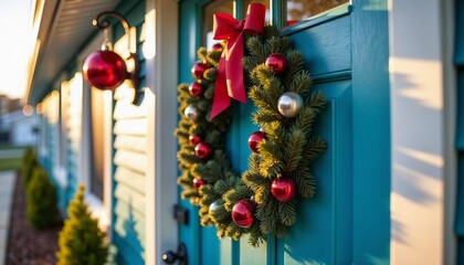 Fototapeta premium Rustic Christmas Wreath close-up in natural tones representing holiday decoration against a blurred colourful street