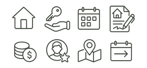 Line vector icons of home rental apps: house icon, key handover, booking calendar, rental contract, deposit icon, guest review, map pin, stay duration.