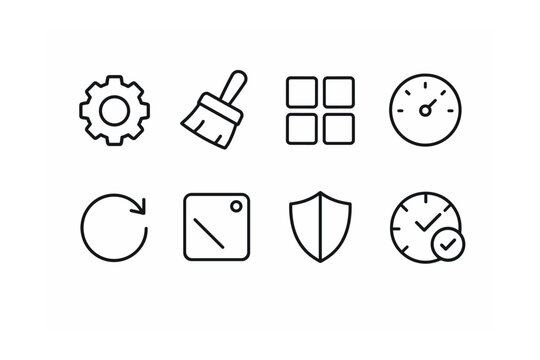 Line vector icons of system utilities: settings gear, cleaner brush, app manager, storage meter, update icon, background limiter, security scan, optimization icon.