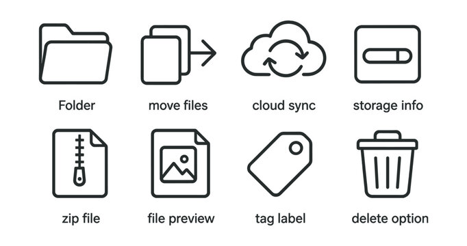 Line vector icons of file manager tools: folder icon, move files, cloud sync, storage info, zip file, file preview, tag label, delete option.