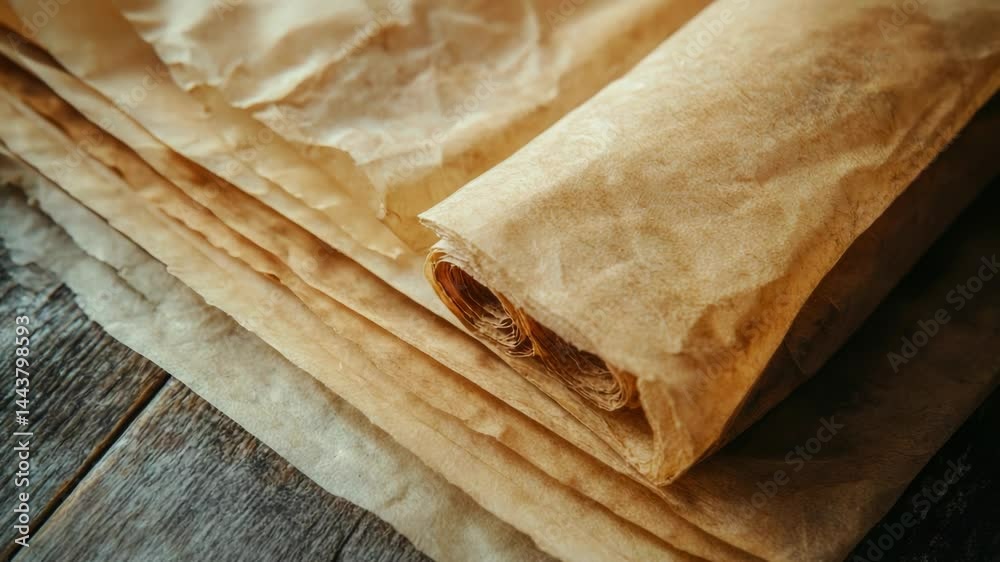 Poster a stack of brown paper sheets sits atop a wooden table, perfect for note-taking or artistic expressi