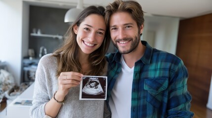 A joyful couple proudly holds an ultrasound photo, capturing the anticipation and excitement of expecting their new baby, surrounded by warmth and happiness in their home.