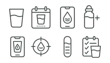 Line vector icons of water reminder apps: water glass, daily intake, hydration tracker, bottle refill, drink alert, water goal, level meter, drink log.
