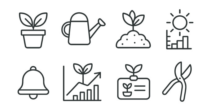 Line vector icons of plant care apps: potted plant, watering can, sunlight meter, soil icon, reminder bell, growth chart, plant name, pruning scissors.