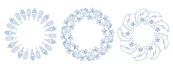 Decorative summer-themed wreaths featuring popsicles, crabs, and dolphins