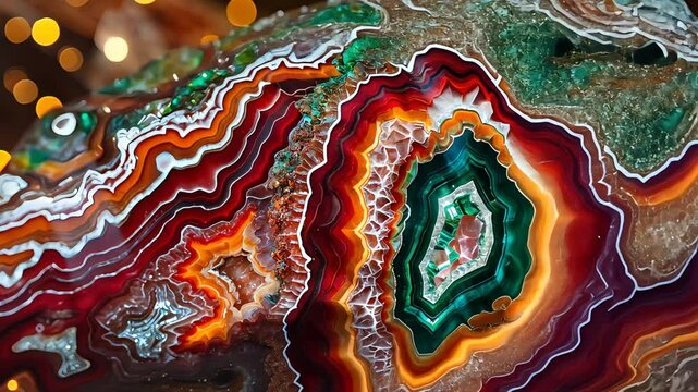 Close-up of vivid multicolored geode showing detailed crystal layers and patterns