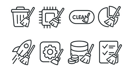 Line vector icons of phone cleaning tools: junk file, memory icon, clean button, storage graph, file boost, background task, cache icon, cleanup checklist.