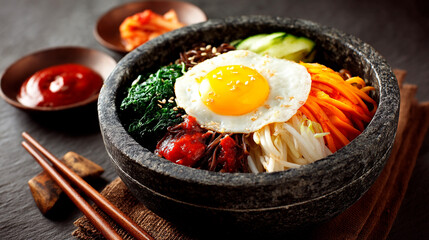 Bibimbap served in a stone bowl, topped with an egg and colorful vegetables.