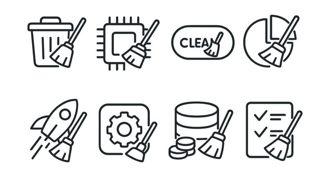 Line vector icons of phone cleaning tools: junk file, memory icon, clean button, storage graph, file boost, background task, cache icon, cleanup checklist.