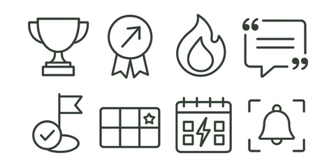 Line vector icons of study motivation tools: trophy icon, goal badge, progress flame, motivational quote, milestone tick, reward tracker, study streak, focus reminder.