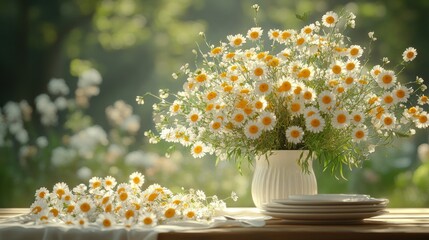 Delicate chamomile bouquet on a wooden table