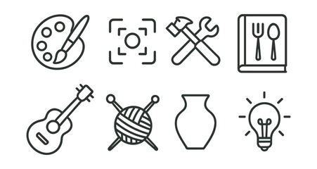 Line vector icons of creative hobby apps: art icon, camera frame, DIY tools, recipe book, instrument icon, knitting needle, pottery icon, idea bulb.