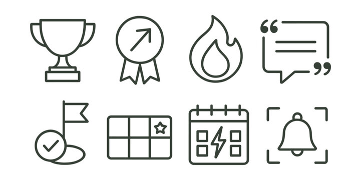 Line vector icons of study motivation tools: trophy icon, goal badge, progress flame, motivational quote, milestone tick, reward tracker, study streak, focus reminder.