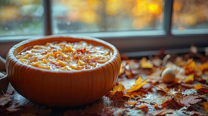 Autumnal pumpkin soup in a carved pumpkin bowl, fall colors