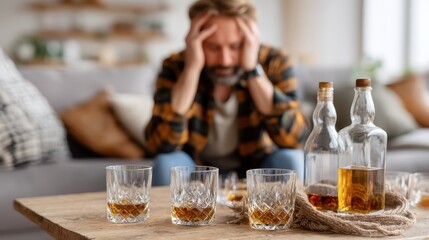 In a moment of distress, a man looks down at multiple whiskey glasses and bottles, symbolizing struggles with addiction and emotional turmoil in a domestic setting.