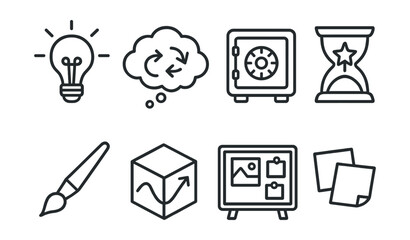 Line vector icons of creativity boosters: lightbulb spark, brainstorm cloud, idea bank, creative timer, art tool, fresh perspective, vision board, sticky notes.