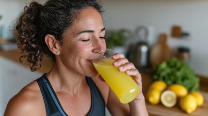 A mature woman savors a glass of bright citrus drink, embodying health and happiness in a stylish kitchen environment, surrounded by fresh ingredients.