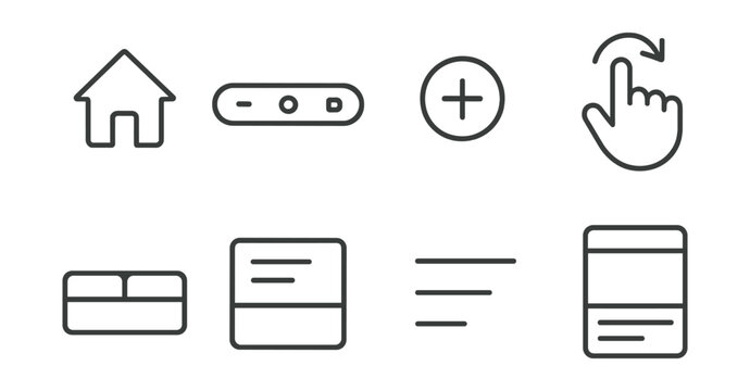 Line vector icons of mobile interface design: home button, bottom nav, floating action button, gesture icon, tab bar, card component, drawer menu, app layout.