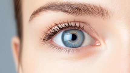 Fototapeta premium Close-up of a human eye with long eyelashes and blue iris, detailed view of the eyes texture and color, natural light, and macro photography.
