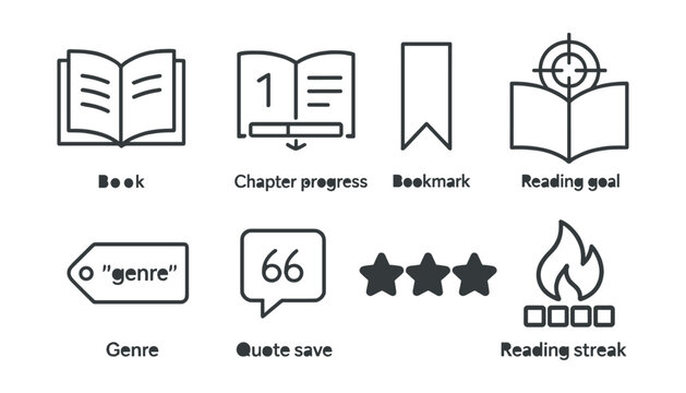 Line vector icons of reading tracker: book icon, chapter progress, bookmark, reading goal, genre tag, quote save, rating stars, reading streak.