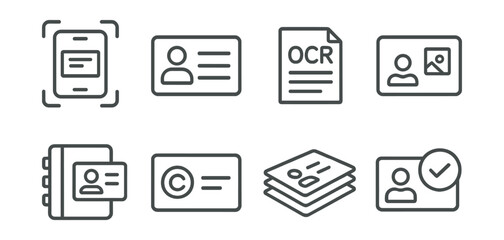 Line vector icons of business card scanners: scan icon, contact fields, OCR text, photo card, sync address book, company logo, card stack, profile match.