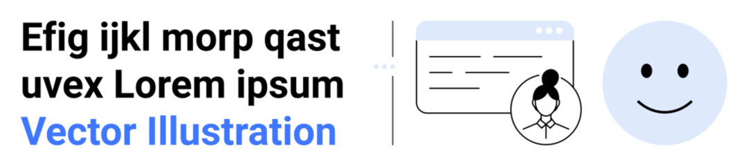 Browser window with text layout, user profile silhouette, and happy face graphic. Ideal for UI design, web profile setup, user feedback, interface, identity, onboarding simple landing page