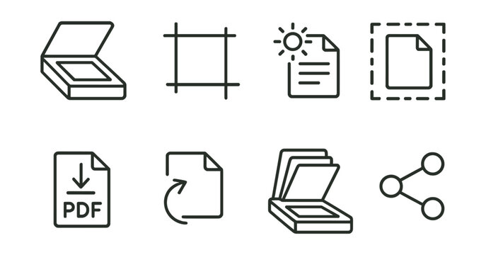 Line vector icons of document scanner tools: scan icon, crop frame, enhance contrast, auto detect, PDF export, page rotate, multi-page scan, share option.