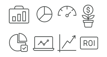Line vector icons of investment portfolio: portfolio bar chart, asset type, risk meter, investment growth, fund overview, market trend, stock icon, ROI display.
