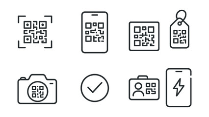 Line vector icons of QR code payment: scan QR icon, phone screen, code block, QR tag, camera icon, transaction confirmation, merchant ID, mobile flash.