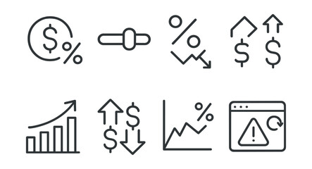 Line vector icons of interest rate tools: interest icon, rate slider, APR percentage, fixed vs variable, interest growth, rate comparison, forecast icon, update notice.