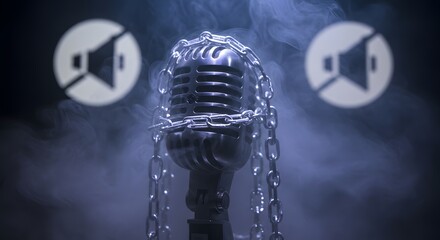 Vintage Microphone Chained with No Sound Symbol for Censorship Concept