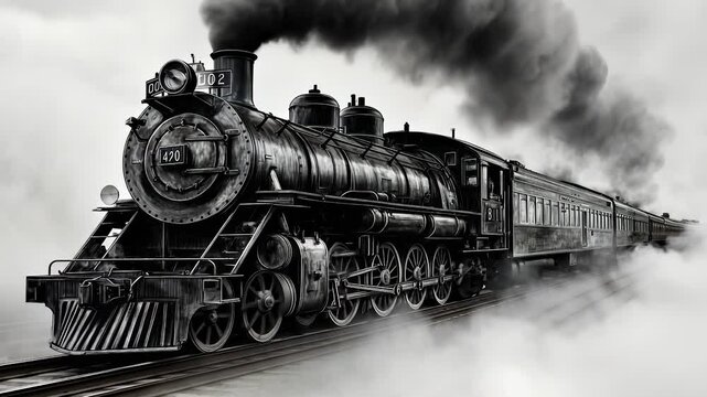 A steam locomotive emits dark smoke as it travels along railway tracks, pulling passenger cars. The scene captures the essence of historical steam train transportation.