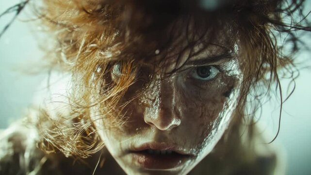 A person's hair is wet and messy in this close-up shot