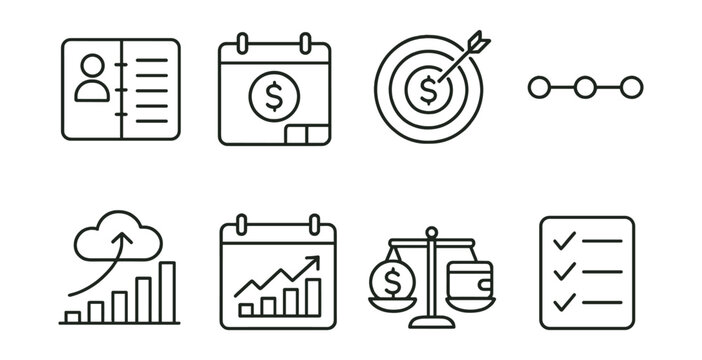 Line vector icons of financial planning: planner icon, calendar with dollar, financial target, timeline icon, yearly forecast, monthly tracker, savings vs expense, checklist.