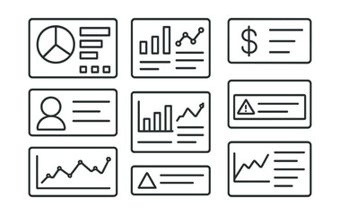 Line vector icons of financial dashboards: dashboard layout, charts view, metrics card, account summary, insights tab, graph tile, alerts bar, overview tab.