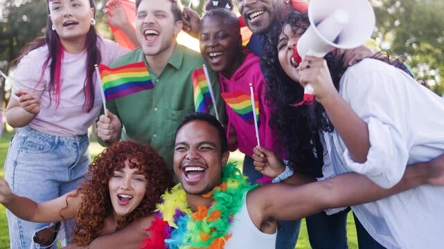 Pride, Lgbt community celebrate parade. Happy people support gay community together