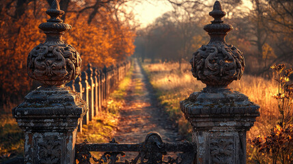 Autumnal path through a park with ornate gateposts