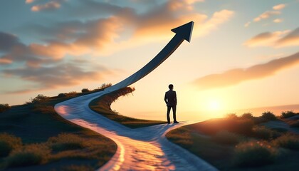 Inspiring journey towards success a man standing on a curved path with arrow in a serene landscape at sunset