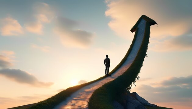 Overcoming challenges a person on an ascending path serene landscape digital art inspirational viewpoint