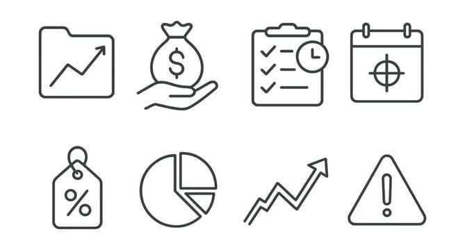 Line vector icons of investment tracking: portfolio growth, fund icon, profit tracker, daily return, stock tag, asset mix, performance arrow, investment alert.