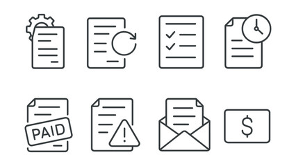 Line vector icons of invoice automation: auto-generate, recurring invoice, invoice list, schedule icon, paid stamp, overdue alert, auto-email, amount field.