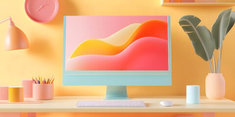 パステルカラーのワークスペース 黄色の壁と装飾的なオブジェクトに囲まれた青いコンピューター